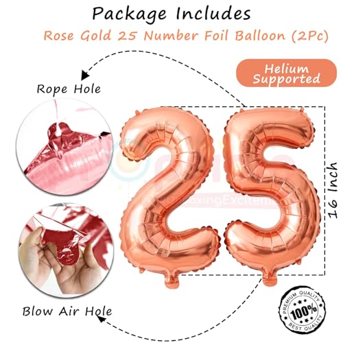 Propsicle 16 Inch Rose Gold Number Balloons 25 - Twenty Five Foil Numbers for 25th Birthday Decoration, 25th Anniversary Décor, Milestone Party Backdrop, Photoshoot Props - Image 2