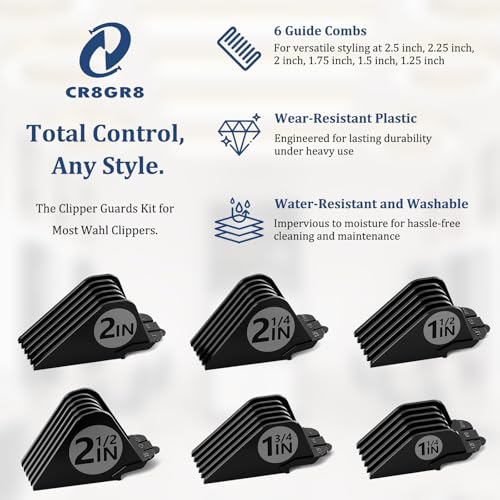 CR8GR8 Clipper Guards Set 10 12 14 16 18 20 Compatible with Wahl Clippers, 6pcs Extra Long Clipper Guides Replacement - 2.5", 2.25", 2", 1.75", 1.5", 1.25" Hair Guard Clipper, Black Clipper Guards for Wahl - Image 2