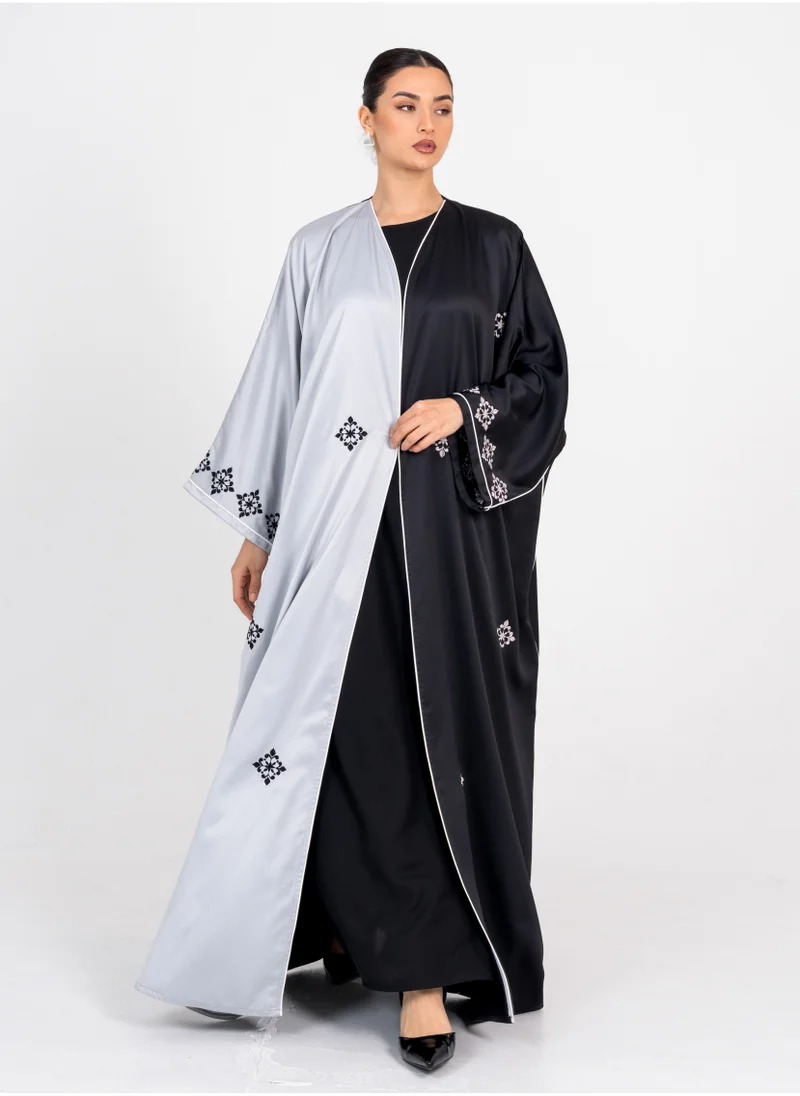 Rosette Abaya Elegant Black Bisht with Embroidery Black & Silver Side