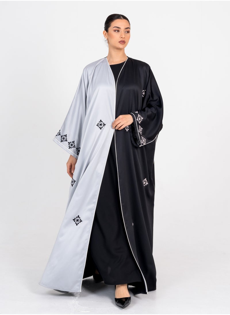 Rosette Abaya Elegant Black Bisht with Embroidery Black & Silver Side  - Image 5