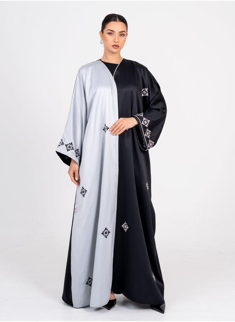 Rosette Abaya Elegant Black Bisht with Embroidery Black & Silver Side  - Image 1
