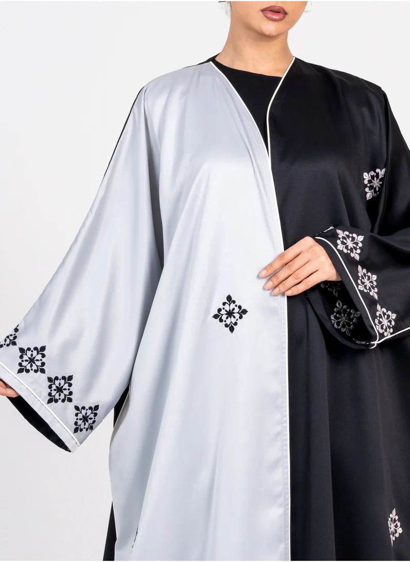 Rosette Abaya Elegant Black Bisht with Embroidery Black & Silver Side