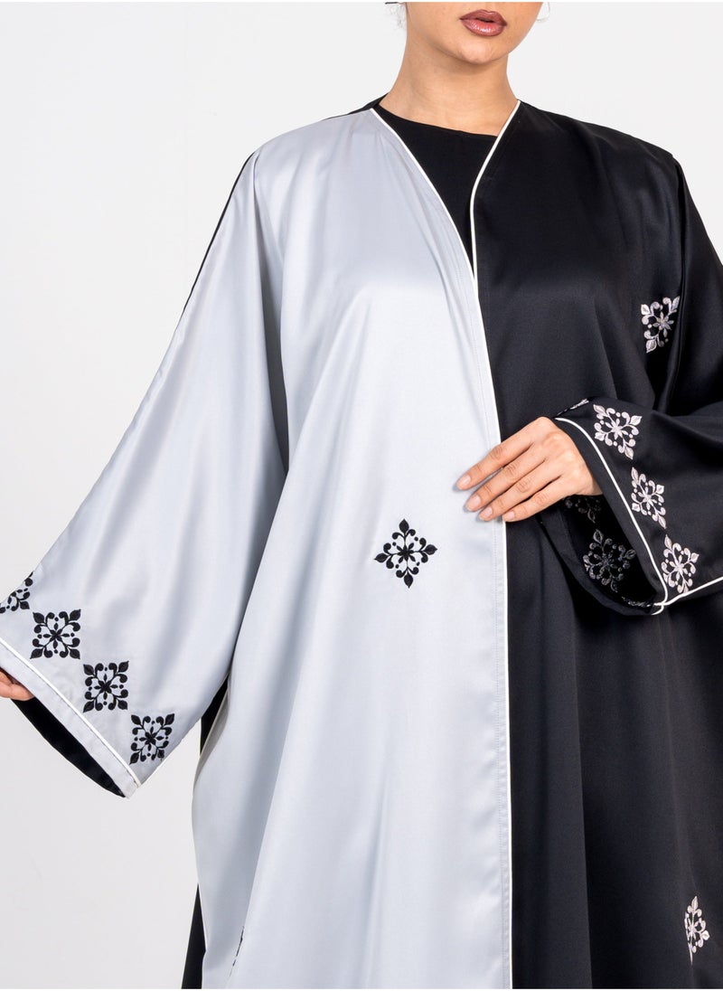 Rosette Abaya Elegant Black Bisht with Embroidery Black & Silver Side  - Image 3