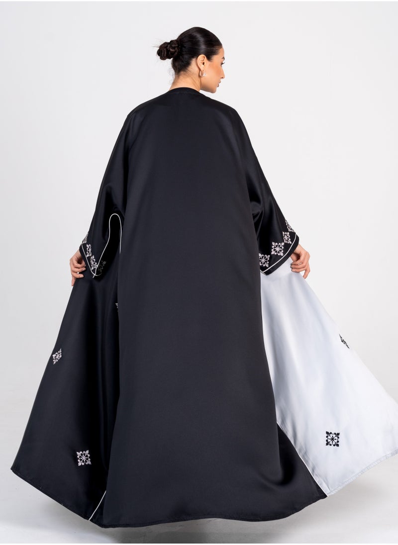 Rosette Abaya Elegant Black Bisht with Embroidery Black & Silver Side  - Image 2