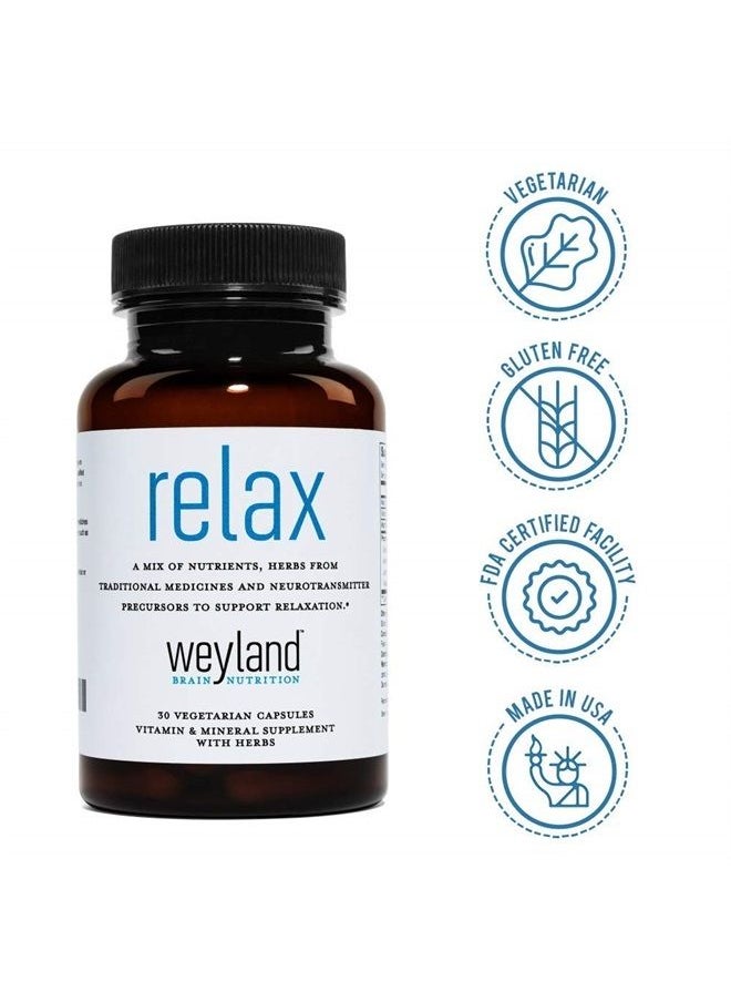 Weyland Brain Nutrition - Relax - Natural Sleep Aid - GABA, L-Theanine, Valerian Root, 5-HTP, Lemon Balm - Calm Support, Stress Relief, Sleep Supplement -30 Vegetarian Capsules - Image 1