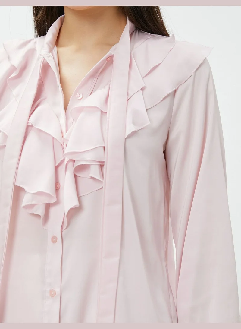 كوتون Frilled Neck Long Sleeve Blouse