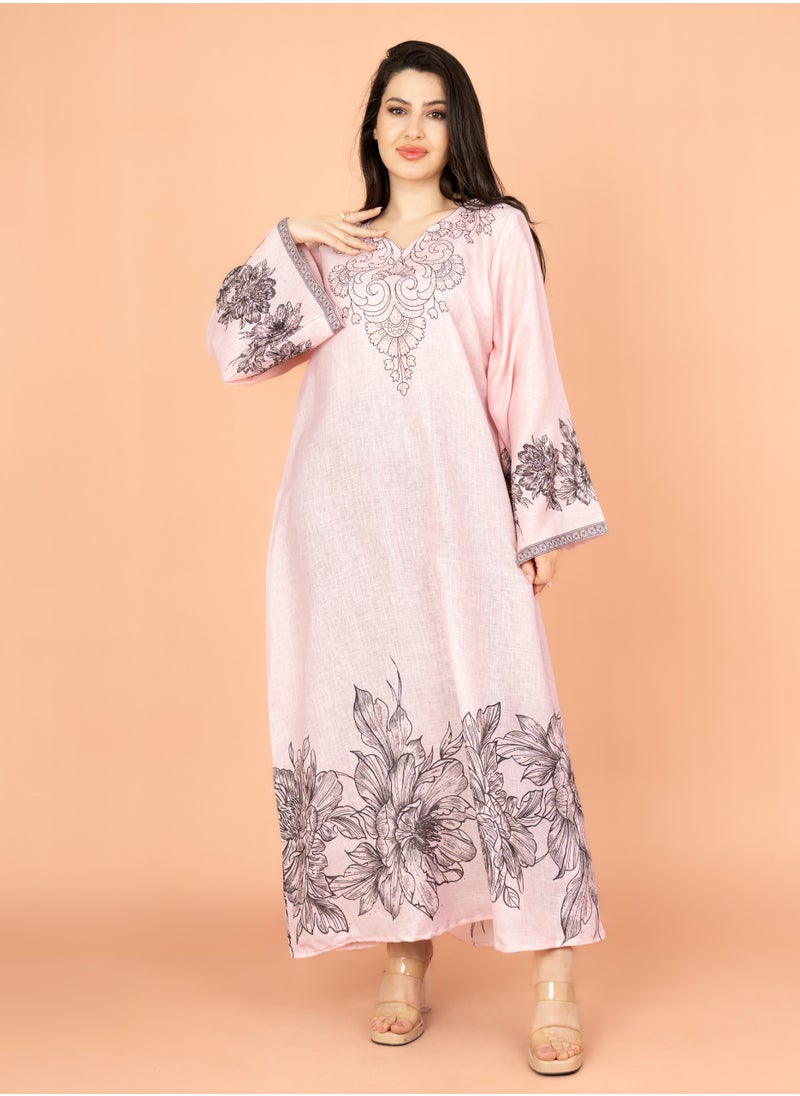 IKKXA Embellished Floral Touch Solid Jalabiya IN1025 Pink  - Image 1