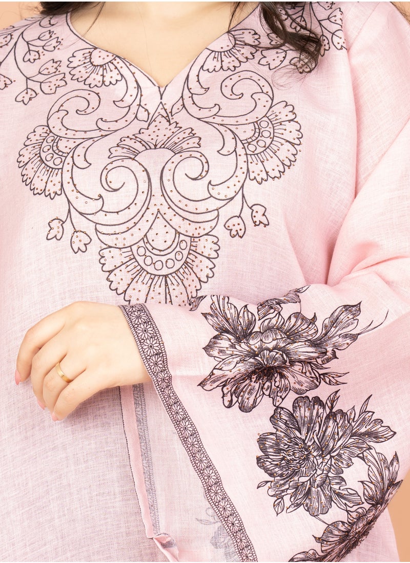 IKKXA Embellished Floral Touch Solid Jalabiya IN1025 Pink  - Image 2