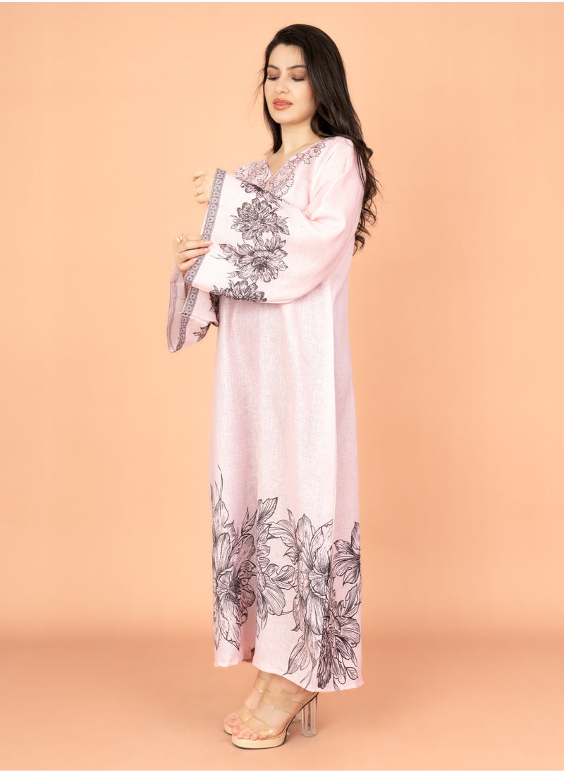 IKKXA Embellished Floral Touch Solid Jalabiya IN1025 Pink  - Image 3
