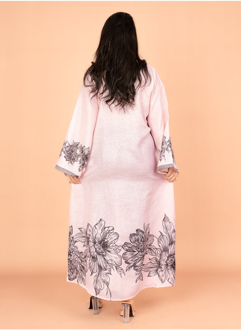 IKKXA Embellished Floral Touch Solid Jalabiya IN1025 Pink  - Image 4