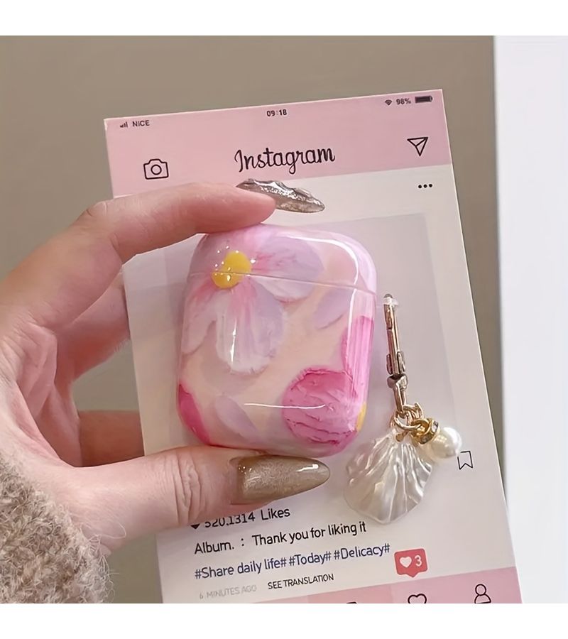 Pink Oil Painting Pattern Earphone Case For Airpods 1 2 Protective Cover - Image 3
