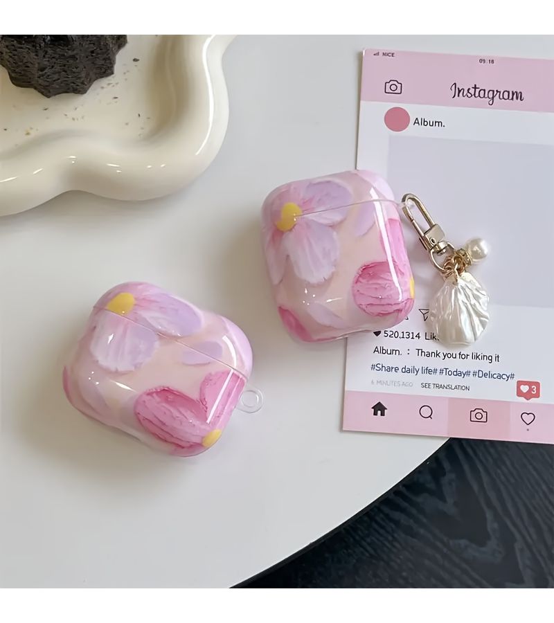 Pink Oil Painting Pattern Earphone Case For Airpods 1 2 Protective Cover - Image 1