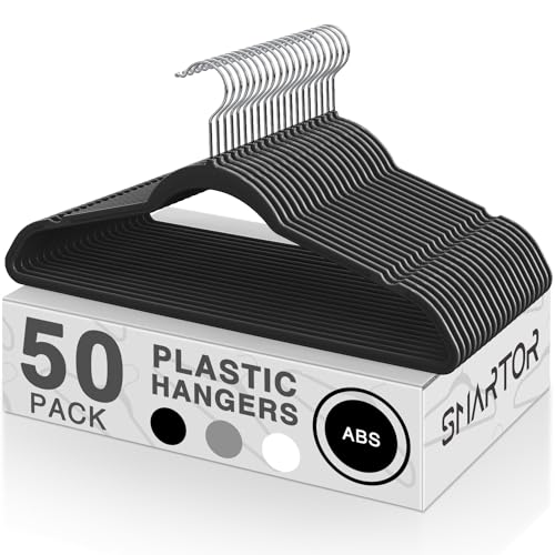 SMARTOR Plastic Hangers 50 Pack, Heavy Duty Plastic Hangers for Clothes - Non-Velvet Slim Hangers with 360° Swivel Hook & Clothes Thin Hanger - Durable Coat Hangars, Space Saving Hanger - Black - Image 1