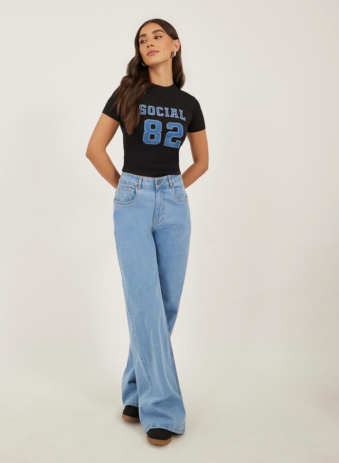 Styli Denim Applique Fitted Cropped T-Shirt  - Image 2