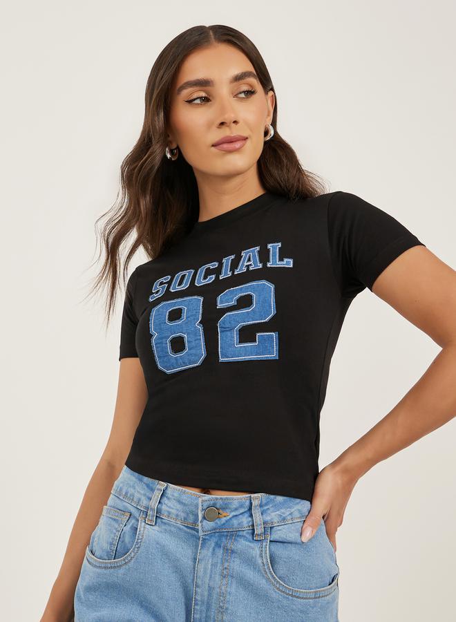 Styli Denim Applique Fitted Cropped T-Shirt  - Image 1