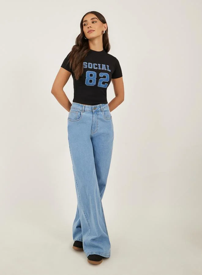 Styli Denim Applique Fitted Cropped T-Shirt