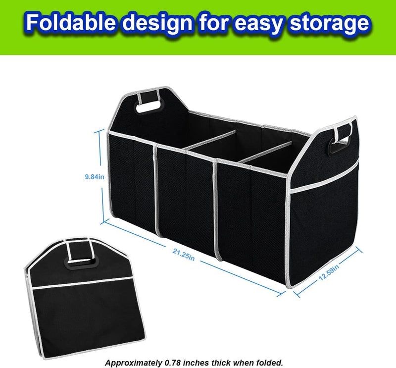 Car Trunk Organizer, Waterproof Foldable Portable Auto Storage Bag with 3 Compartments for Cleaning Supplies, Emergency Gear, Groceries, Tools, Black - Image 1