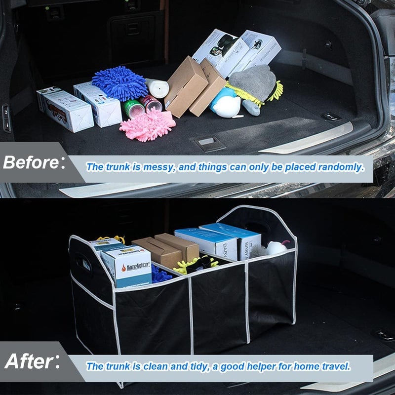 Car Trunk Organizer, Waterproof Foldable Portable Auto Storage Bag with 3 Compartments for Cleaning Supplies, Emergency Gear, Groceries, Tools, Black - Image 4