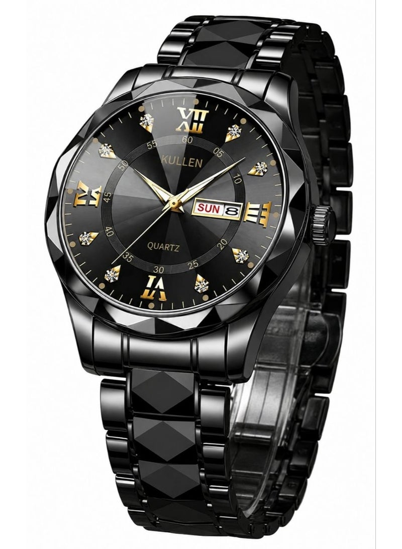 كولين Men's Casual Business Quartz Watch With Calendar, Stainless Steel Strap (Black) - Image 2