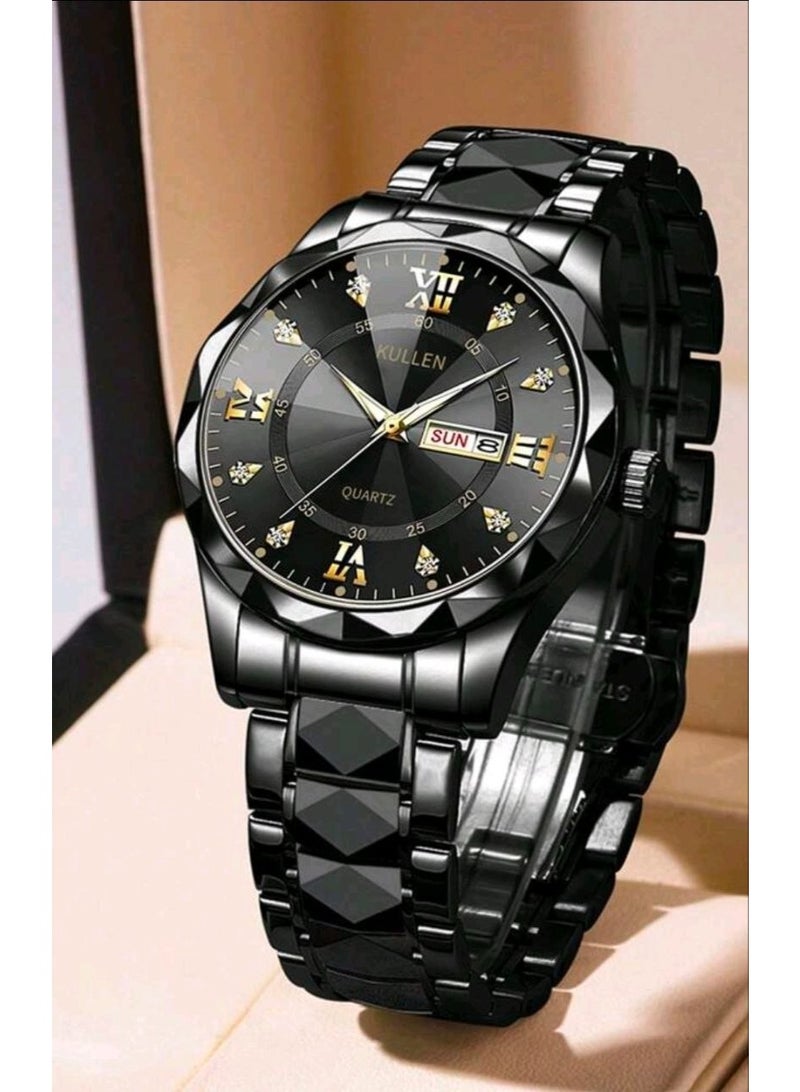كولين Men's Casual Business Quartz Watch With Calendar, Stainless Steel Strap (Black) - Image 3