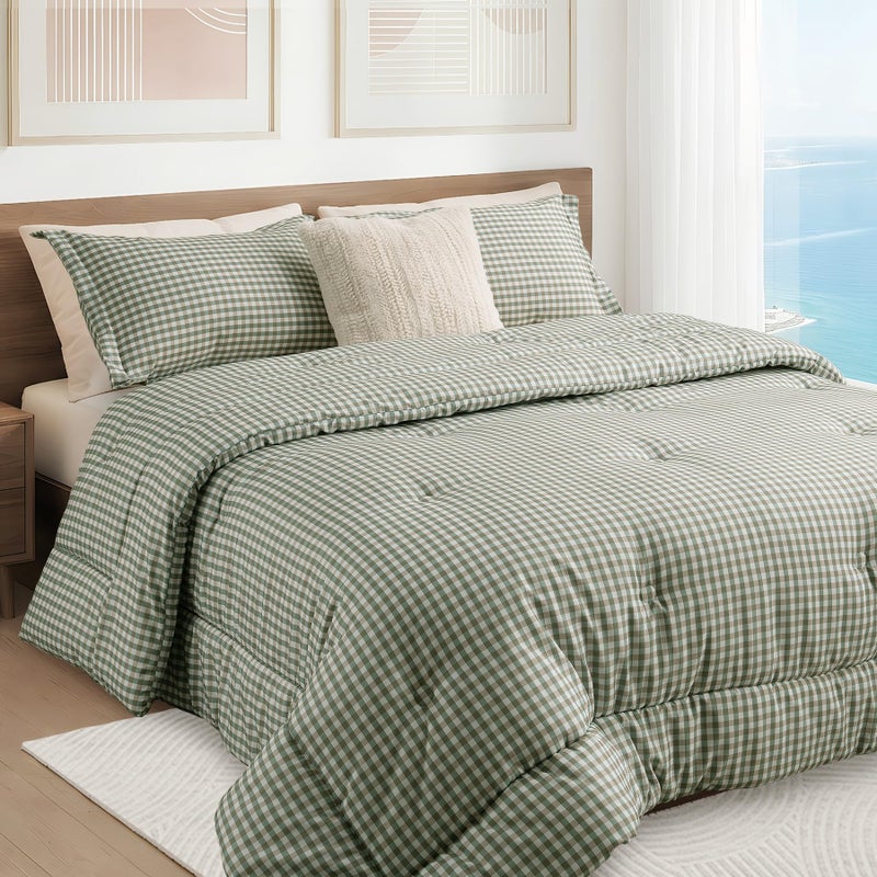 SunNewt Queen Comforter Set, Modern Plaid Checkered Bedding, Green Gingham Brown Grid Bed Comforter, Soft Fluffy Breathable Farmhouse Dorm Bedding, All Seasons 3 Piece Set - Image 5