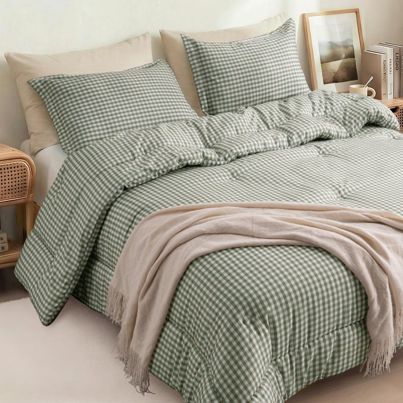 SunNewt Queen Comforter Set, Modern Plaid Checkered Bedding, Green Gingham Brown Grid Bed Comforter, Soft Fluffy Breathable Farmhouse Dorm Bedding, All Seasons 3 Piece Set - Image 1