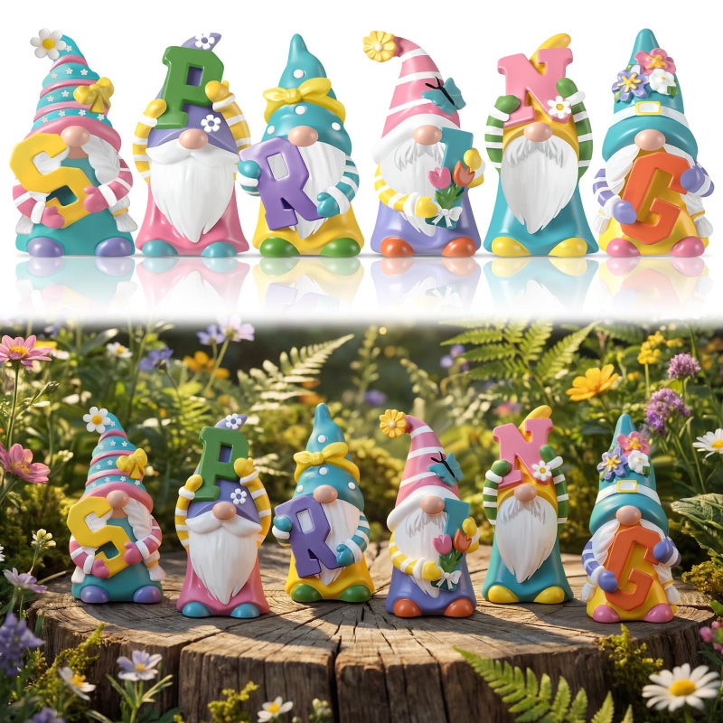 ShinyRelief 6 Pcs Spring Figurines Resin Gnome Tabletop Purple Pink Yellow Floral Sculpture Decoration Flower Table Centerpiece for Dining Room Home Party Supplies Gifts Decor - Image 2