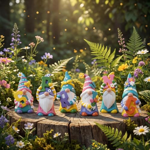 ShinyRelief 6 Pcs Spring Figurines Resin Gnome Tabletop Purple Pink Yellow Floral Sculpture Decoration Flower Table Centerpiece for Dining Room Home Party Supplies Gifts Decor - Image 3