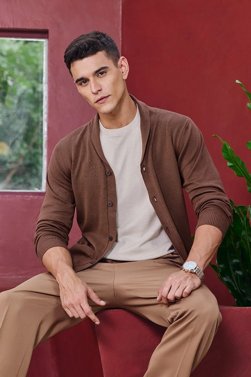 SNITCH Core Lab Brown Shawl Neck Sweater