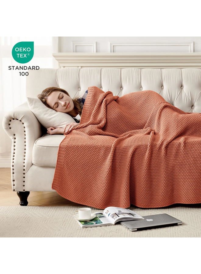Joydeco Chunky Cable Knit Throw Blanket, Lightweight 100% Cotton Soft Cozy Throw Twin Blanket for Couch Bed and Sofa, Rustic Breathable Farmhouse Blanket Gift for Women Men(Burnt Orange, 60"x80") - Image 3