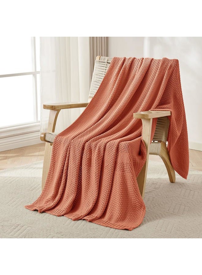 Joydeco Chunky Cable Knit Throw Blanket, Lightweight 100% Cotton Soft Cozy Throw Twin Blanket for Couch Bed and Sofa, Rustic Breathable Farmhouse Blanket Gift for Women Men(Burnt Orange, 60"x80") - Image 1