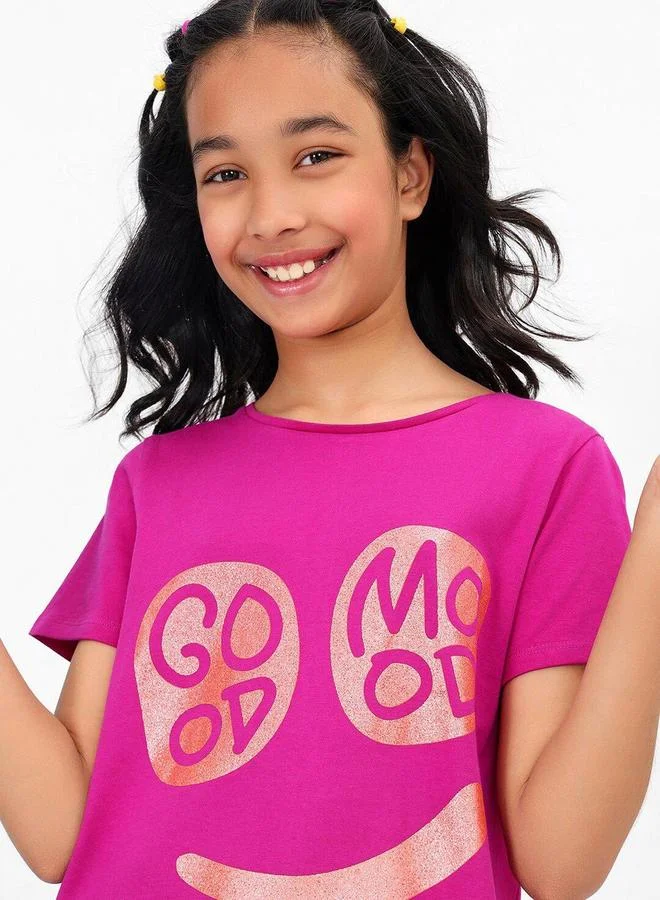 بونكيدز Regular Fit Printed Purple Cotton T-Shirt For Girls Round Neck Flat Collar Pull On 100 % Cotton