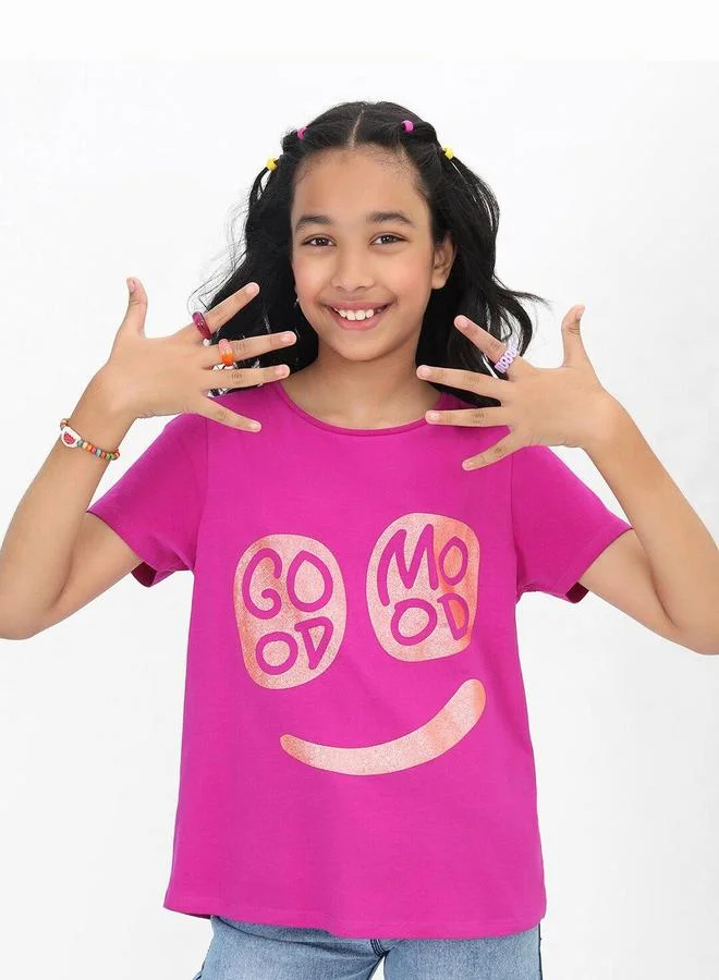 بونكيدز Regular Fit Printed Purple Cotton T-Shirt For Girls Round Neck Flat Collar Pull On 100 % Cotton