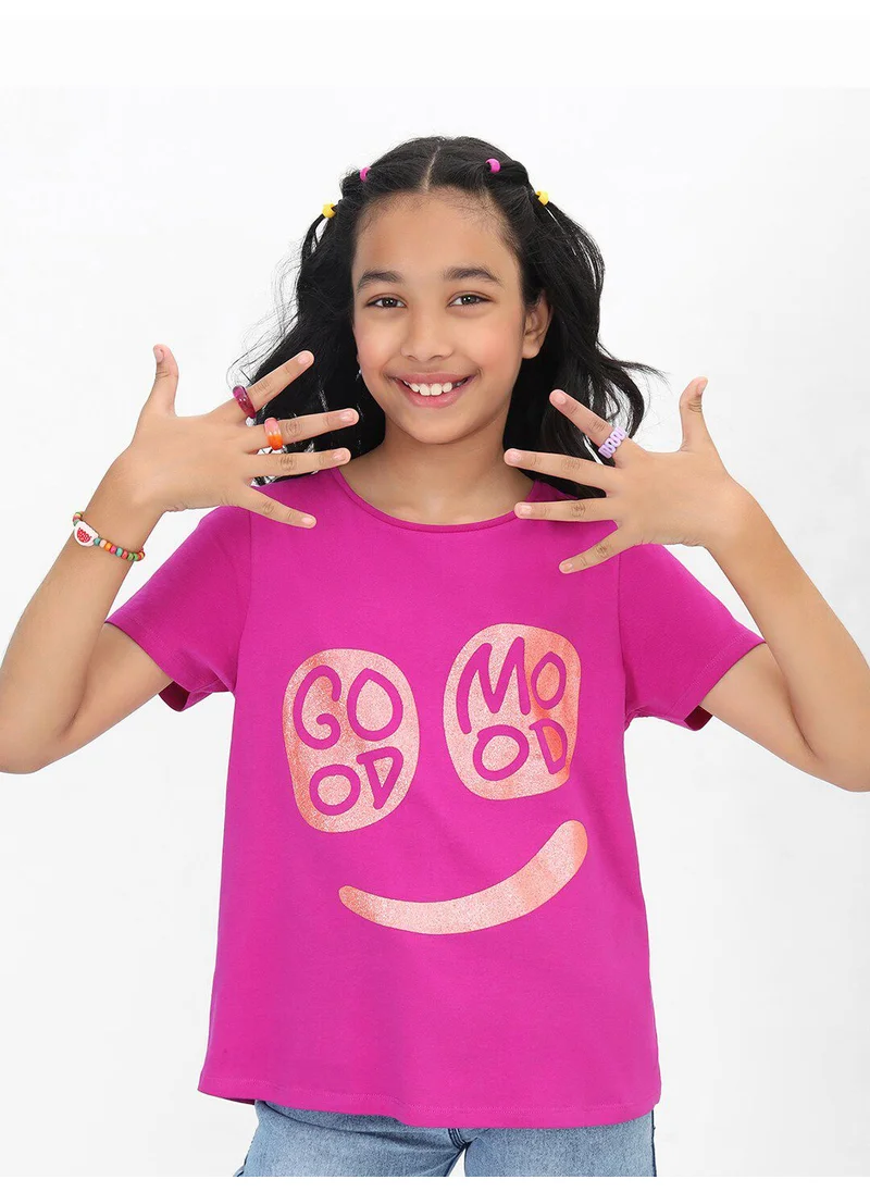 Bonkids Regular Fit Printed Purple Cotton T-Shirt For Girls Round Neck Flat Collar Pull On 100 % Cotton