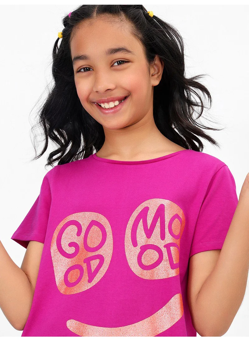 Bonkids Regular Fit Printed Purple Cotton T-Shirt For Girls Round Neck Flat Collar Pull On 100 % Cotton