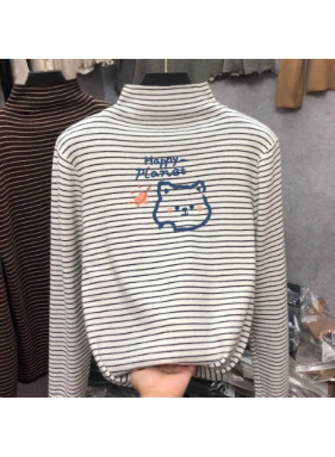 Boys And Girls German Velvet Inner Layering Shirt Autumn And Winter Medium And Large Kidsren's Half Turtleneck Long-sleeved T-shirt Stripesd Cartoon Top