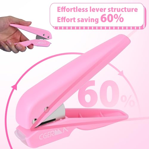 Cgerma Single Hole Punch, with 30 Pcs Loose Leaf Binder Rings, 1/4" Hole Punches, 50% Labor Savings, Paper Hole Puncher, 15 Sheet Capacity, for Paper Cards Plastic Cardboard, Lightweight, Pink - Image 3