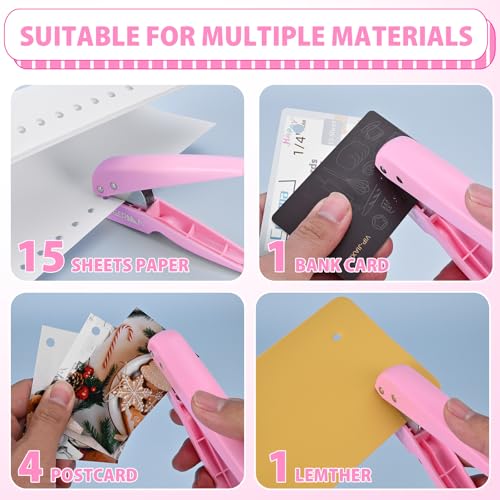 Cgerma Single Hole Punch, with 30 Pcs Loose Leaf Binder Rings, 1/4" Hole Punches, 50% Labor Savings, Paper Hole Puncher, 15 Sheet Capacity, for Paper Cards Plastic Cardboard, Lightweight, Pink - Image 5