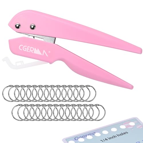 Cgerma Single Hole Punch, with 30 Pcs Loose Leaf Binder Rings, 1/4" Hole Punches, 50% Labor Savings, Paper Hole Puncher, 15 Sheet Capacity, for Paper Cards Plastic Cardboard, Lightweight, Pink - Image 1