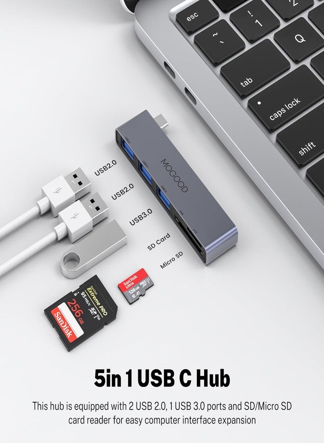 موزع USB-C من MOGOOD، محول USB متعدد المنافذ لملحقات Macbook Pro وAir، دونجل USB-C 5 في 1 مع منفذ USB 3.0 واحد، ومنفذي USB 2.0، وقارئ بطاقات SD/TF، متوافق مع أجهزة الكمبيوتر المحمولة، وأجهزة الكمبيوتر المكتبية، وأجهزة Mac، وأجهزة Macbook، وأجهزة الكمبيوتر المحمولة، وPS4، إلخ. - Image 2