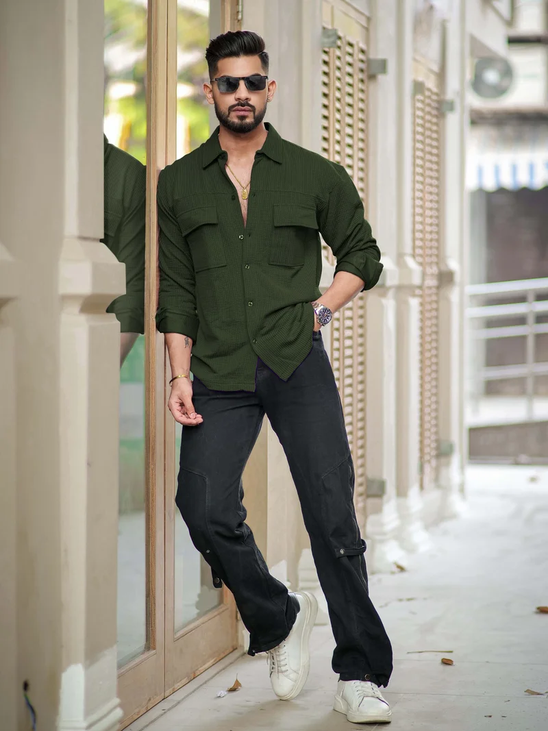 Maniac  Maniac Mens Solid 2 Pockets collared Neck Full Sleeve Olive Oversized Cotton Shirt for Men | Best Price UAE