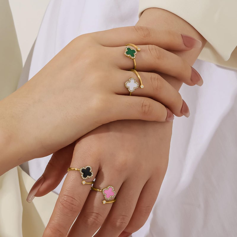 Qitian 18K Gold Four Leaf Clover Rings for Women, Black Lucky Link Clover Rings, Trendy Women's Jewelry Gifts - Image 3
