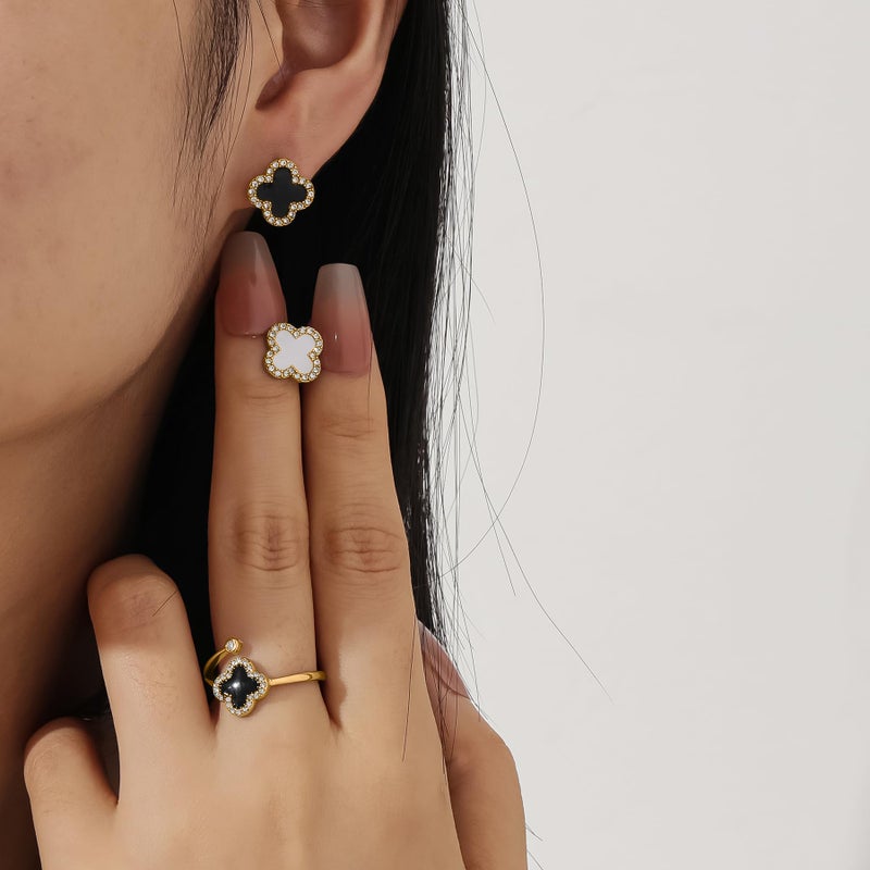 Qitian 18K Gold Four Leaf Clover Rings for Women, Black Lucky Link Clover Rings, Trendy Women's Jewelry Gifts - Image 2