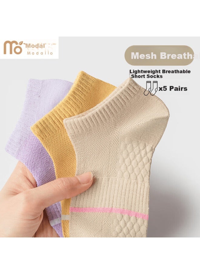 Modal Modaier 5-pair Pack Women's Socks, Summer Thin Non-slip No-show Solid Color Mesh Breathable Boat Socks Short Tube Socks - Image 2