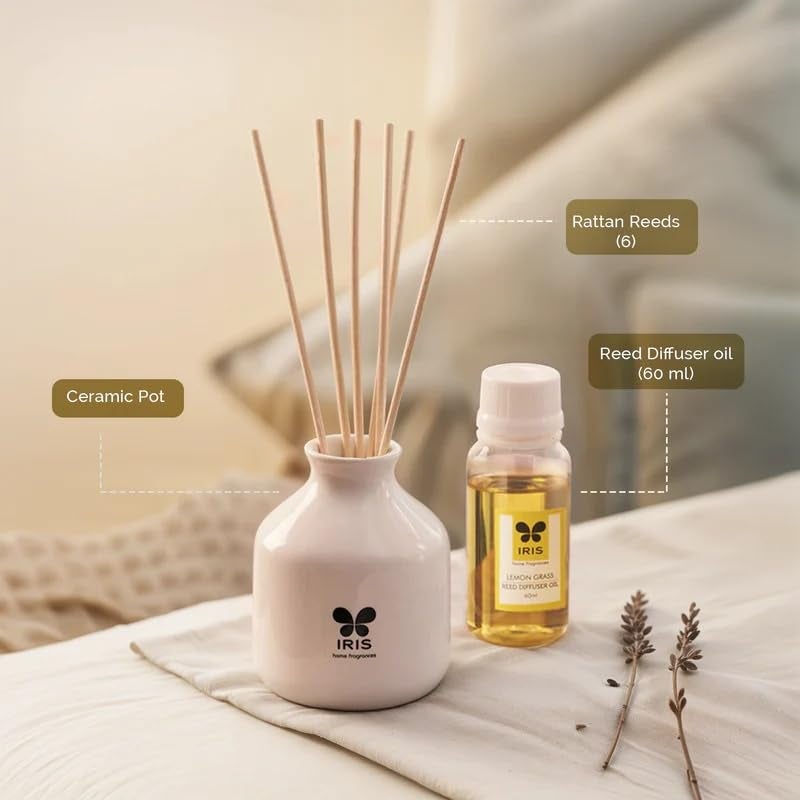IRIS Home Fragrance,60Ml Lemon Grass Reed Diffuser Set |Free 6 Reeds Sticks of 7.5"|Stress Relief & Aromatherapy |Long-Lasting,Smoke-Free Air Freshener for Home,Bedroom and Office | Ideal for Gifting - Image 2