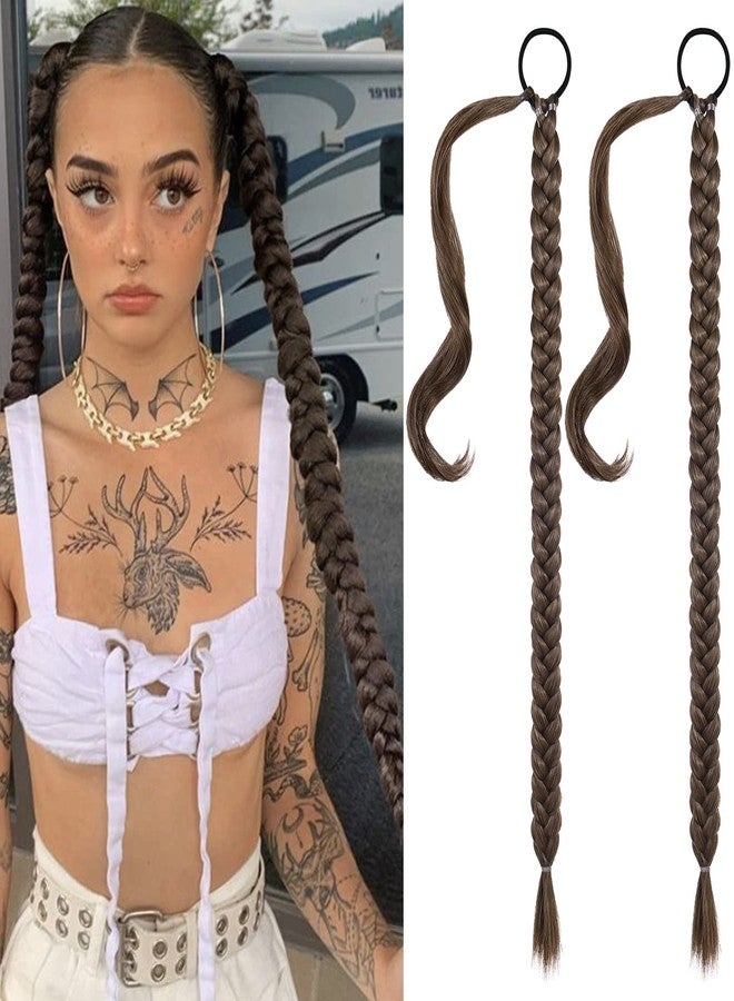 SEIKEA 2PCS Long Braid Ponytail Extension with Hair Tie Long Straight Wrap Around Hair Extensions Ponytail Soft Synthetic Hair Medium Brown Golden Brown Highlights 26 Inch (After Braided 23 Inch) - Image 1