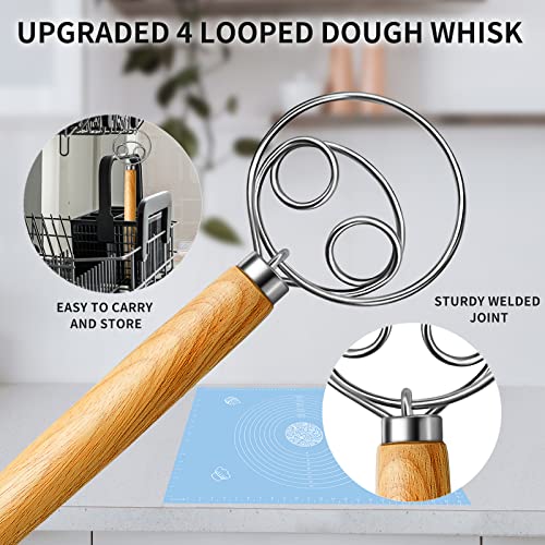 TEEVEA Danish Dough Whisk Stainless Steel Dough Hook Dutch Whisk for Sourdough Bread Dough Mixer Hand Wooden Handle Kitchen Whisking Mixing Tool Bread Making Tools and Supplies - Image 2