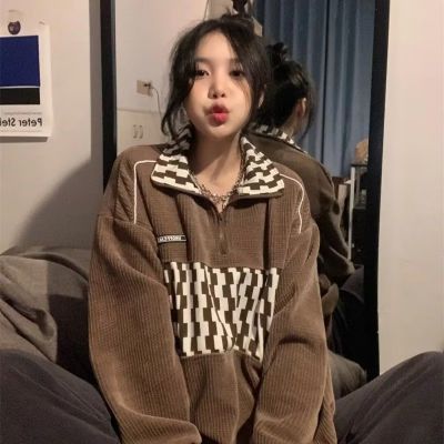American retro chessboard plaid polo shirt sweater womens spring and autumn Korean style loose ins trendy lazy style bf Hong Kong style top Brown - Image 1