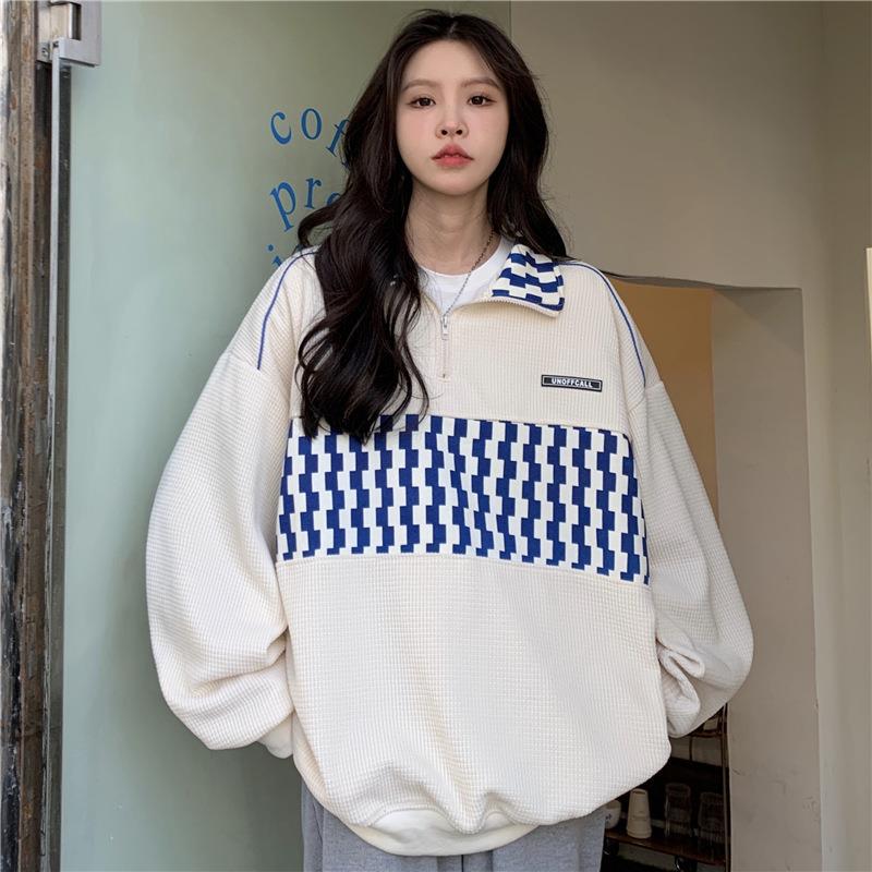 American retro chessboard plaid polo shirt sweater womens spring and autumn Korean style loose ins trendy lazy style bf Hong Kong style top Brown - Image 2