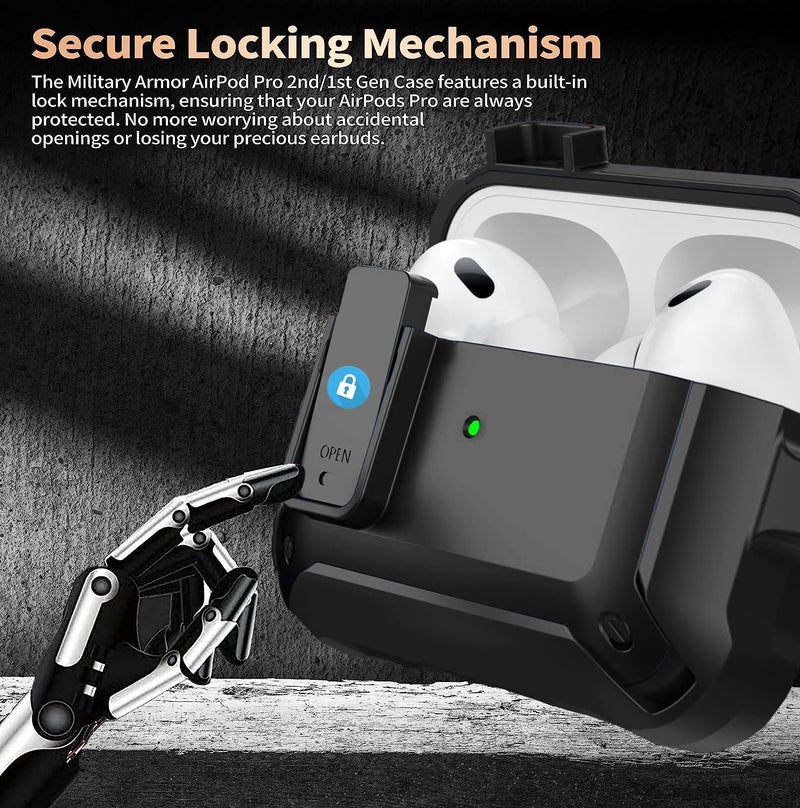 Olytop For Airpods Pro 2/1 Gen Case Cover with Lock 2023/2022/2019, Armor Rugged Case for Apple Airpod Pro 2nd/1st Generation Shockproof Protective Skin with Keychain for Women Men Black - Image 2